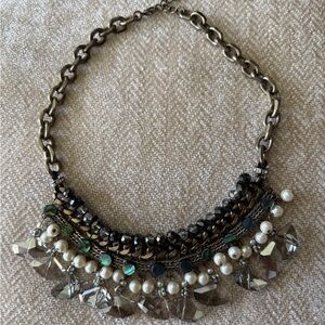 Boho Statement Crystal & Pearl Bib Necklace Antique Gold Chain